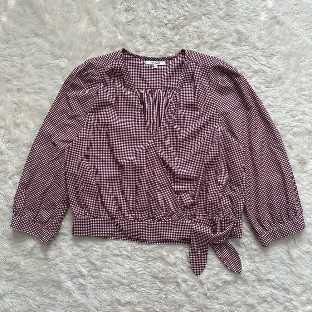 Madewell Blouse Wrap Top in Gingham Check Cropped Gingham Rusty Burgundy L - Picture 3 of 14